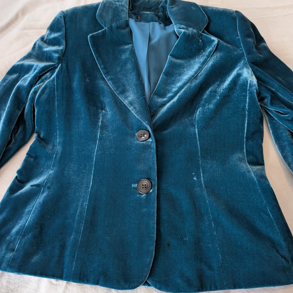 Soft teal velour velvet blazer, size Large (estimated), fair condition - Picture 5 of 9